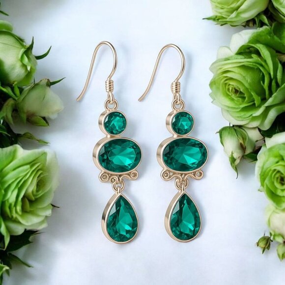 Paraiba Tourmaline ✦ 3-Stone Drop Earrings ✦ Sterling Silver Handmade Statement - Picture 3 of 11